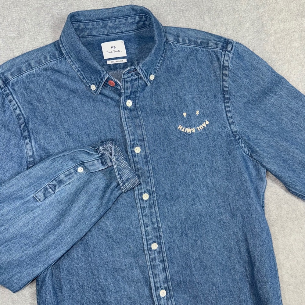 PS Paul Smith Mens Tailored Fit Happy Smiley Denim Shirt Blue Small Long Sleeve